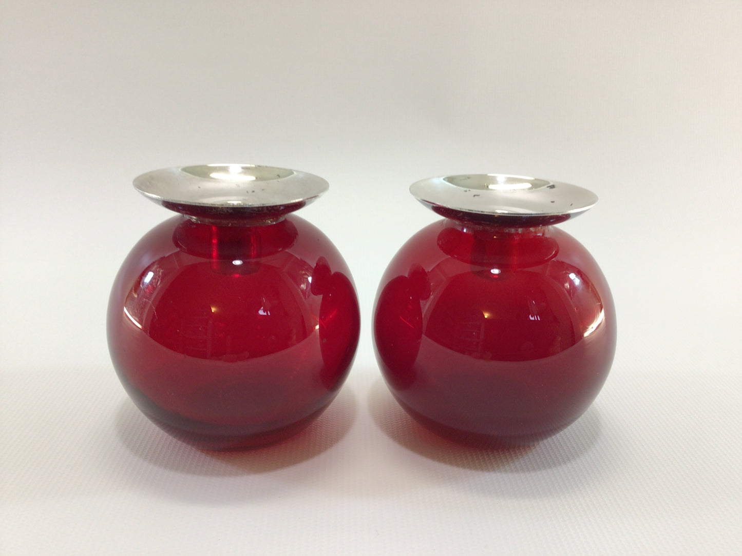 MCM Red Blown Glass and Silver Ball 7/16" Taper Candle Holder Set Mid Century Home Decor Accent Lighting