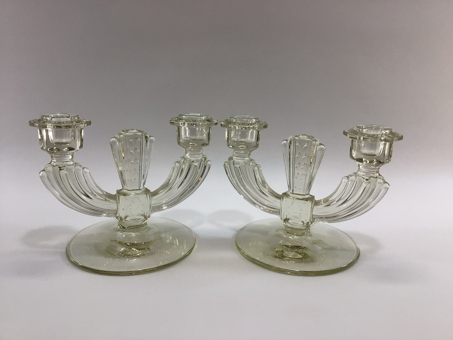 Tiffin Double Light Candlestick Holders Yellow Glass Circa 1940's