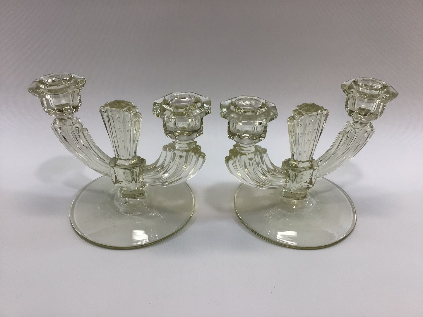 Tiffin Double Light Candlestick Holders Yellow Glass Circa 1940's