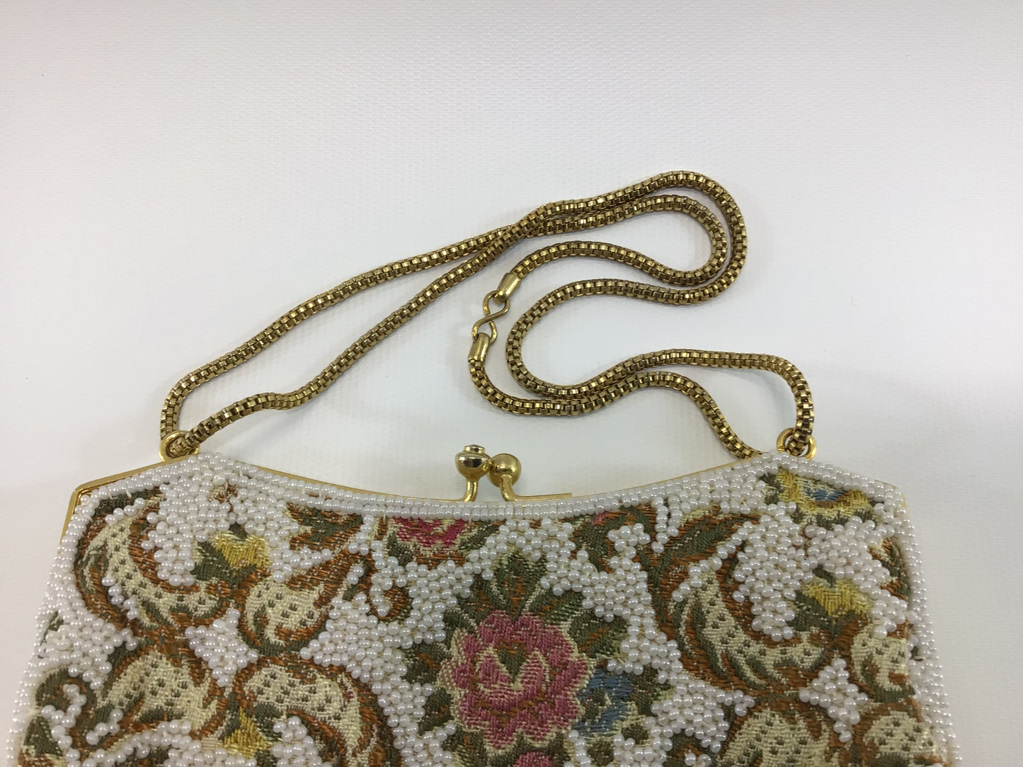 Vintage Beaded Evening Bag Purse Mid Century Made in Hong Kong Shoulder Length Chain Strap White and Gold Floral Motif Tapestry Kiss Lock