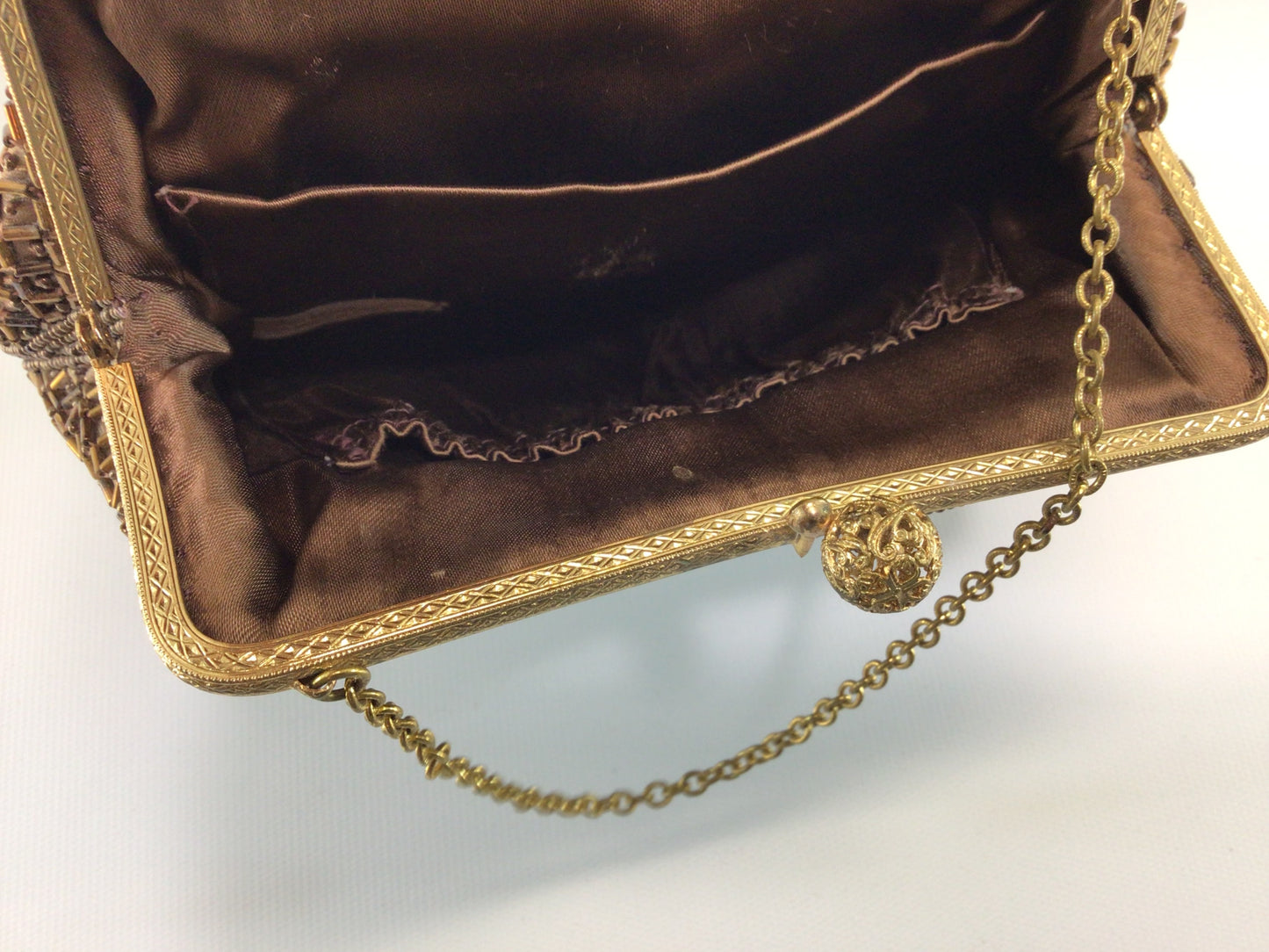 Vintage Beaded Gold Clutch Bag Purse Mid Century De Ville Creation Fashion Accessory Chain Top Handle Kiss Lock Design