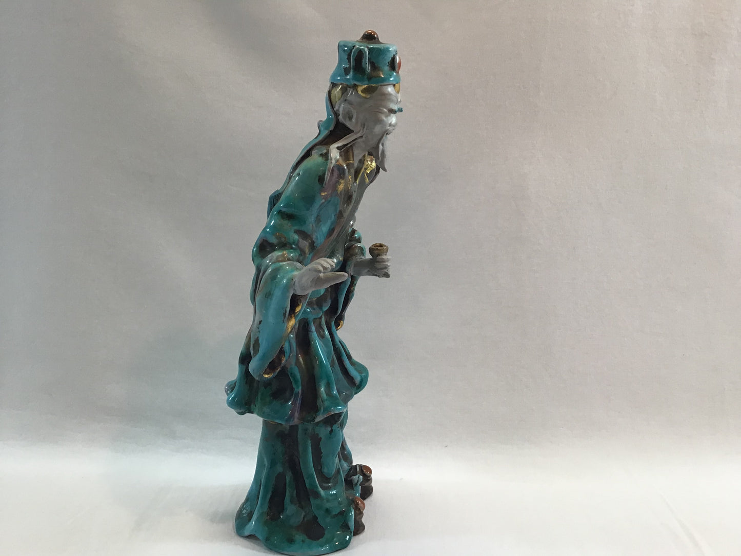 Mid Century  Figurine Asian Man Blue Tin Glaze Signed Prof. Eugenio Patterino (EPF) Terracotta Clay 10 1/2"