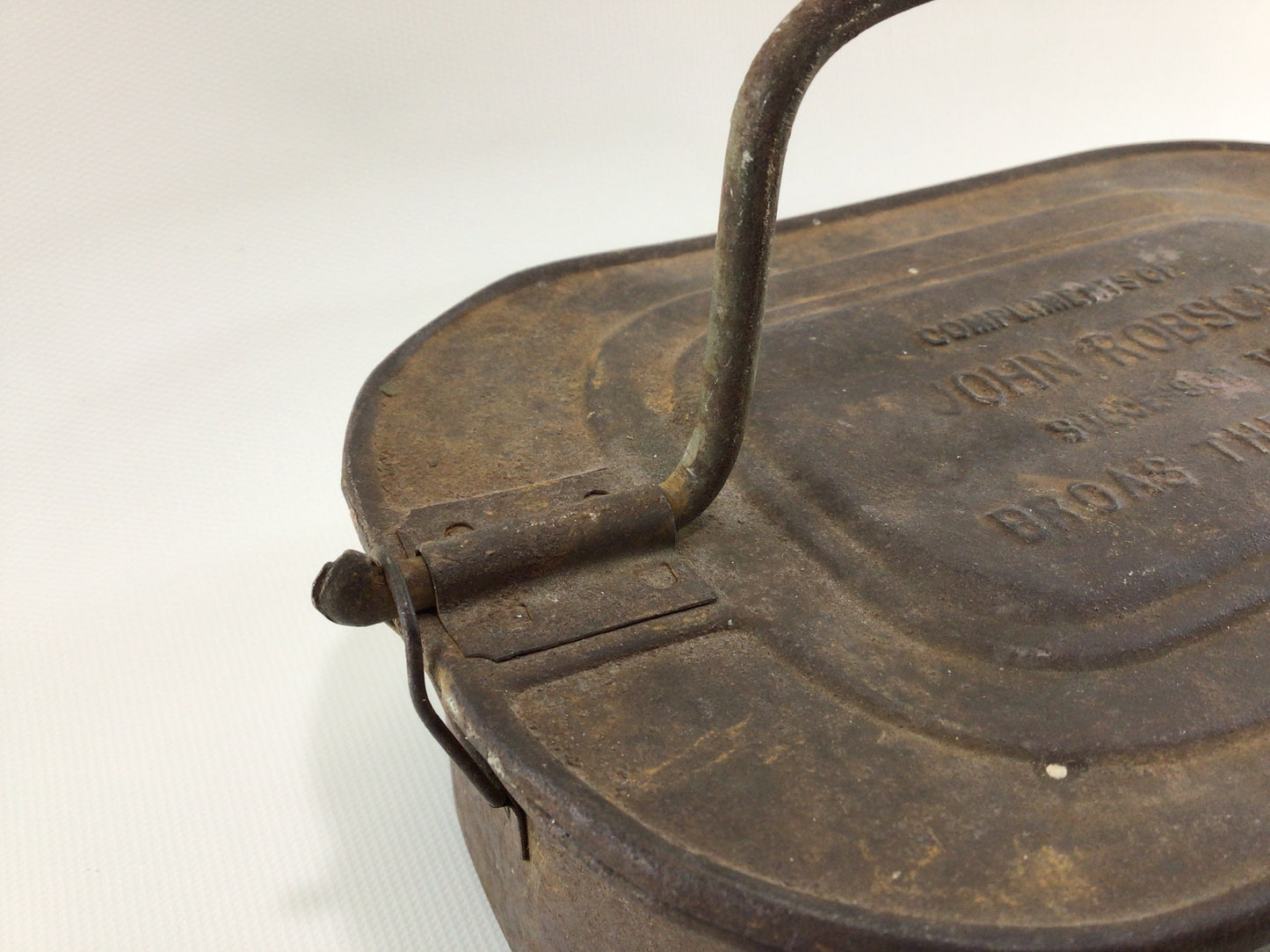 Antique Coal Miner's Lunchbox Food Container with Bail Handle Rustic Primitive Home Decor Compliments of John Robson