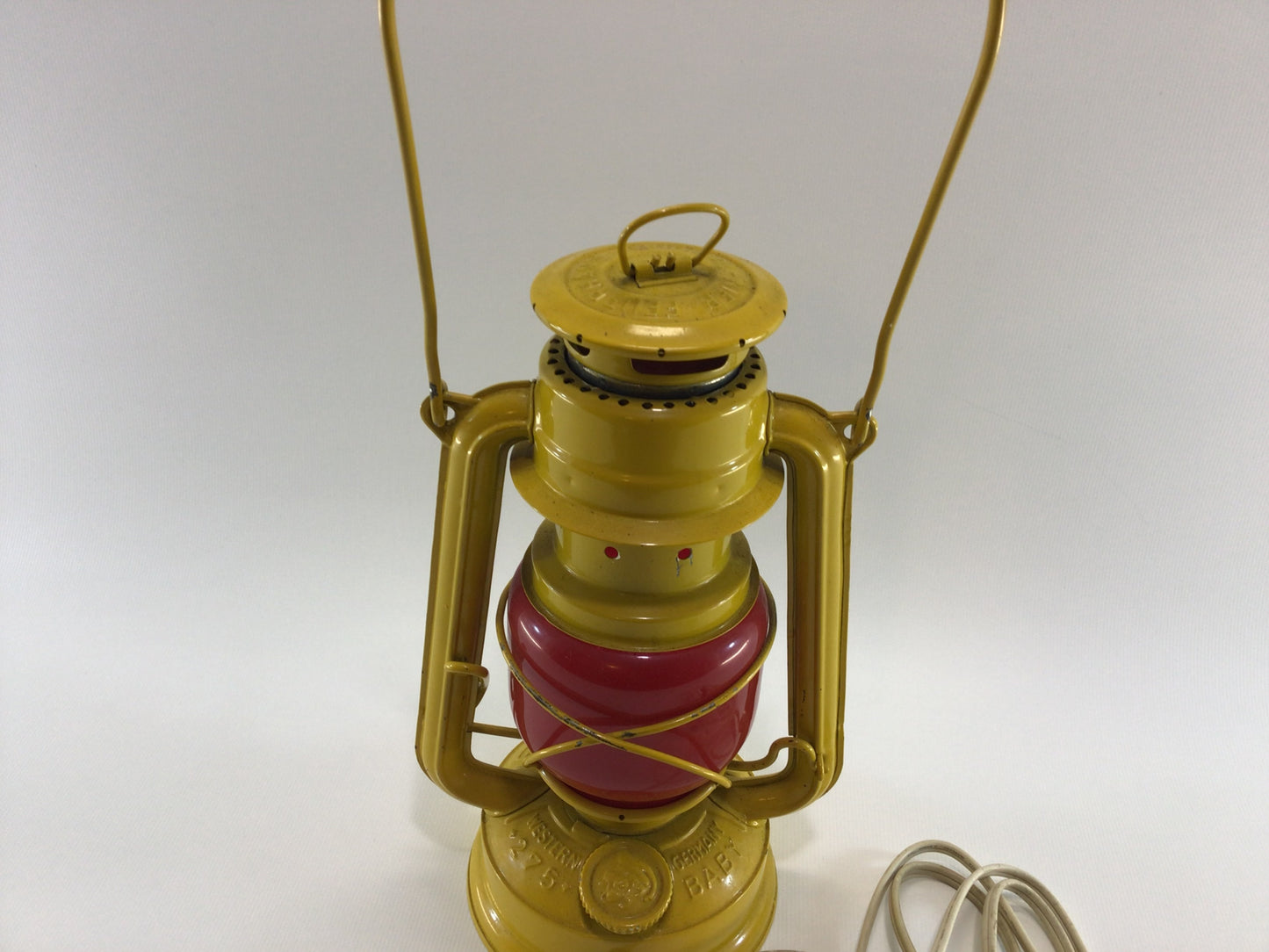 Feuerhand Baby 275 Lantern Electrified Lamp Yellow with Red Globe Made in Germany