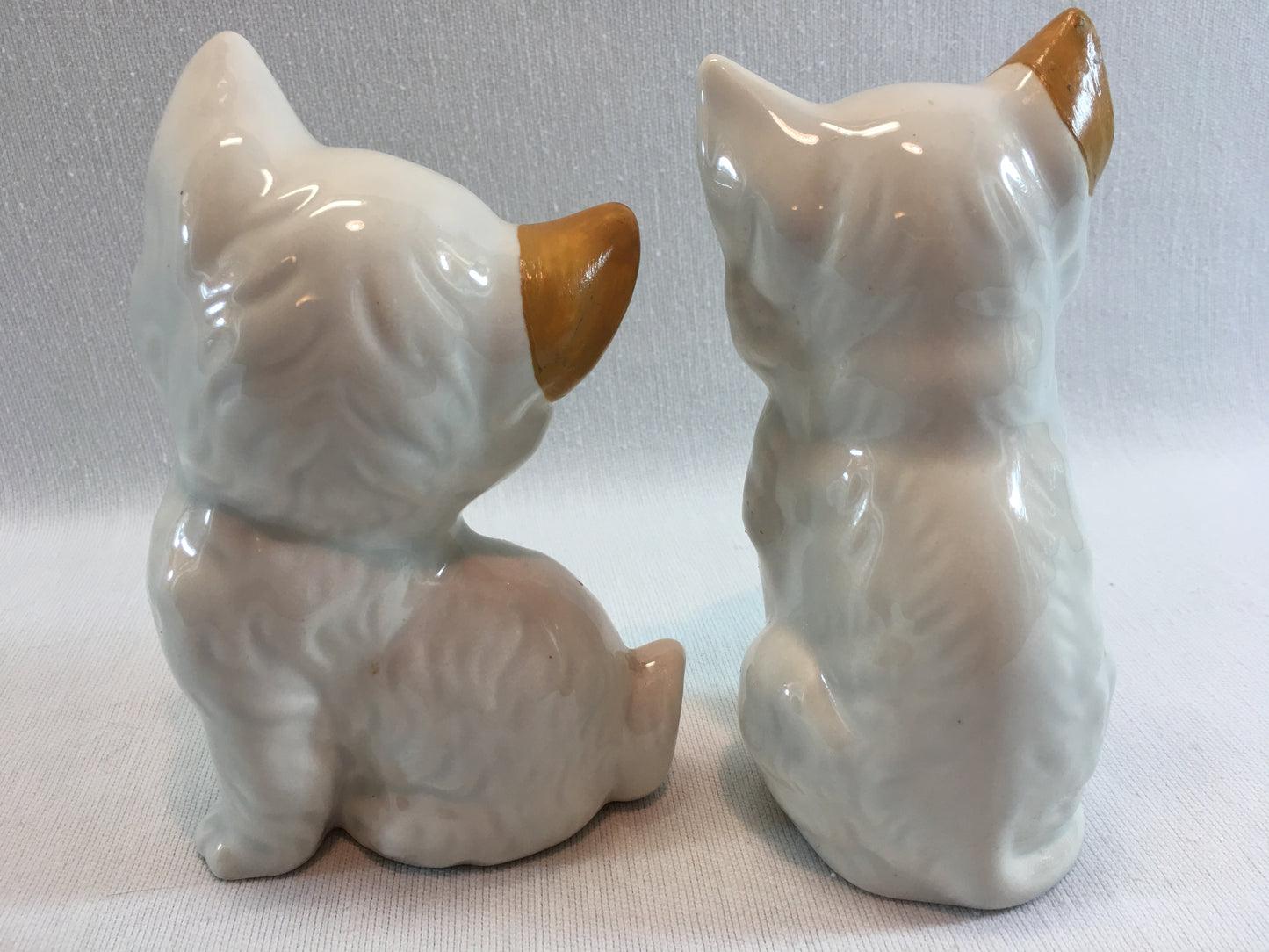 Vintage Ceramic Kittens Hand Painted White and Gold with Green Eyes Home Crafted Glazed Cats