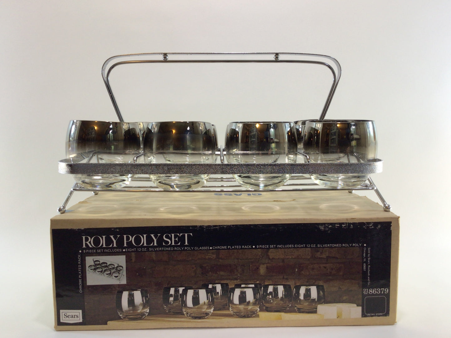 Roly Poly 9 Piece Set Vintage Sears Roebuck Chrome Plated Rack Silver Fade Highball Glasses Retro Barware Home Decor