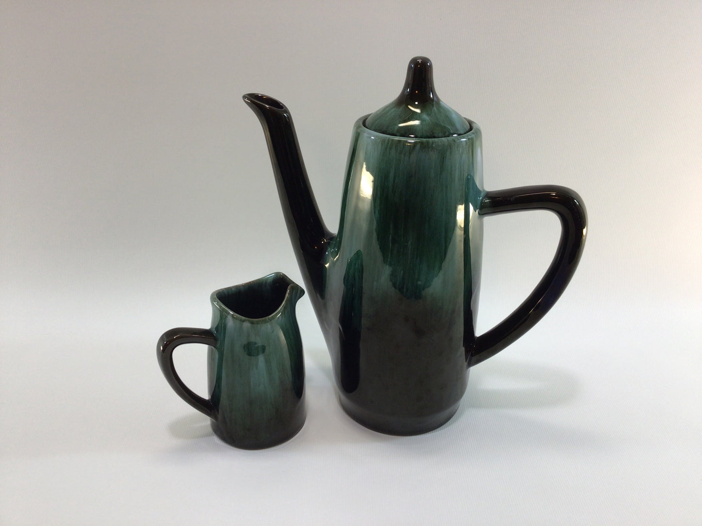 Coffee Pot & Creamer Blue Mountain Pottery Mid Century Blue Green Drip Glaze for Entertaining Dining Serving Ceramic Chocolate Pot