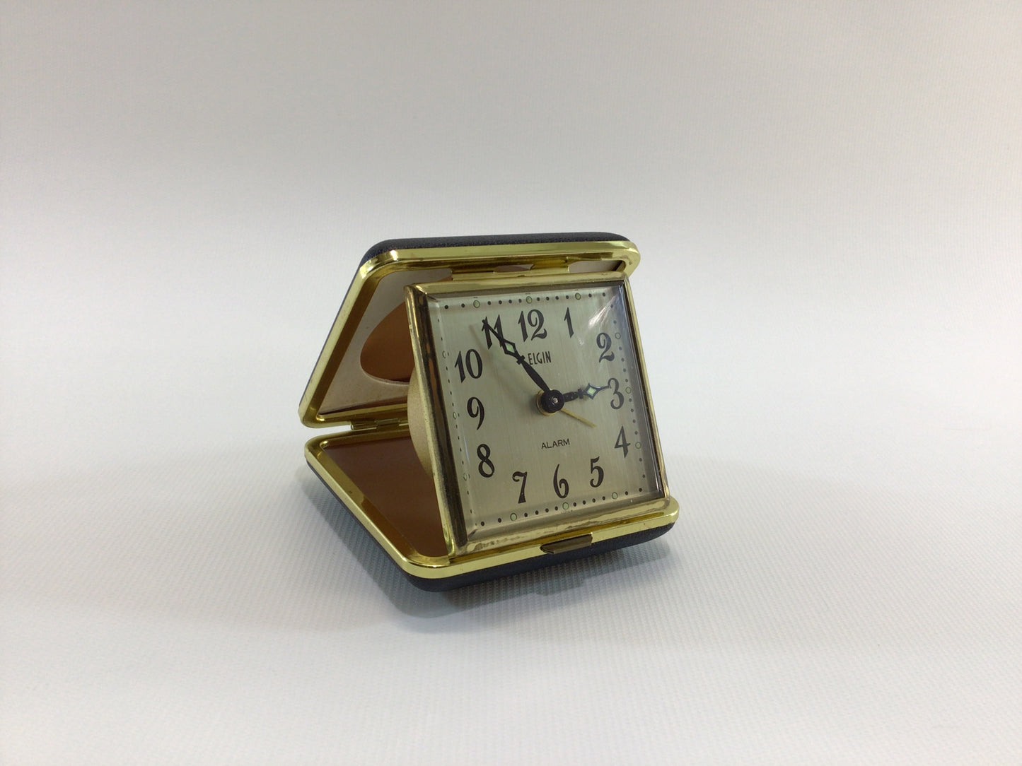 Elgin Vintage Travel Alarm Clock Korea Movement Black Faux Leather Case Glow in Dark Hands