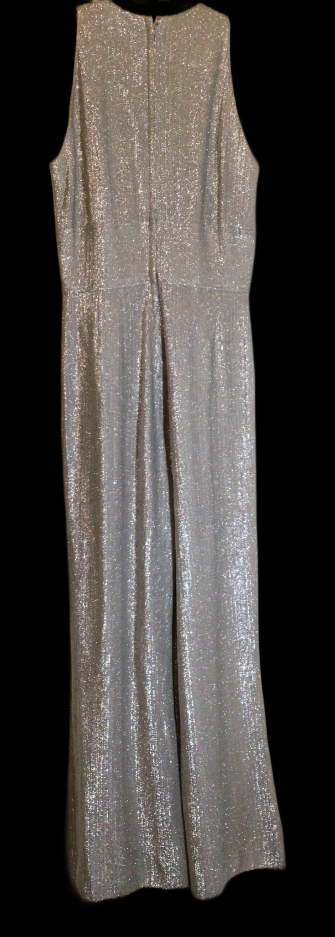 1980s Disco Jumpsuit Metallic Silver Shimmer Bell Bottom Sleeveless Fire House Size Med