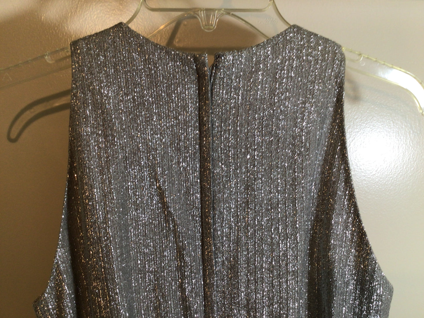 1980s Disco Jumpsuit Metallic Silver Shimmer Bell Bottom Sleeveless Fire House Size Med