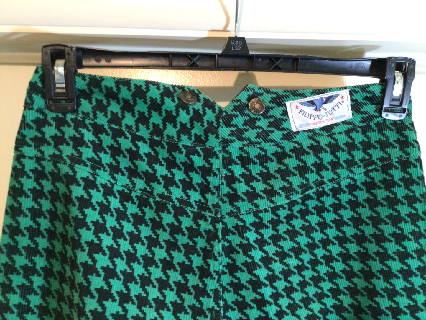 1980s High Waist Pants Teal and Black Houndstooth Corduroy Size 11/12