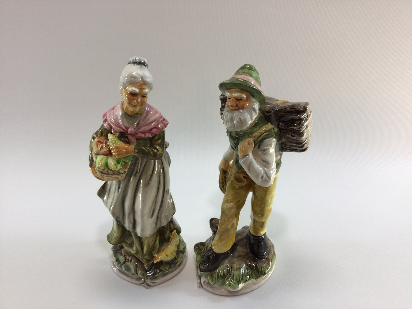 Elderly Man and Woman Gathering Figurines 7" Hand Painted Mid Century Ceramic Home Decor Made in Japan