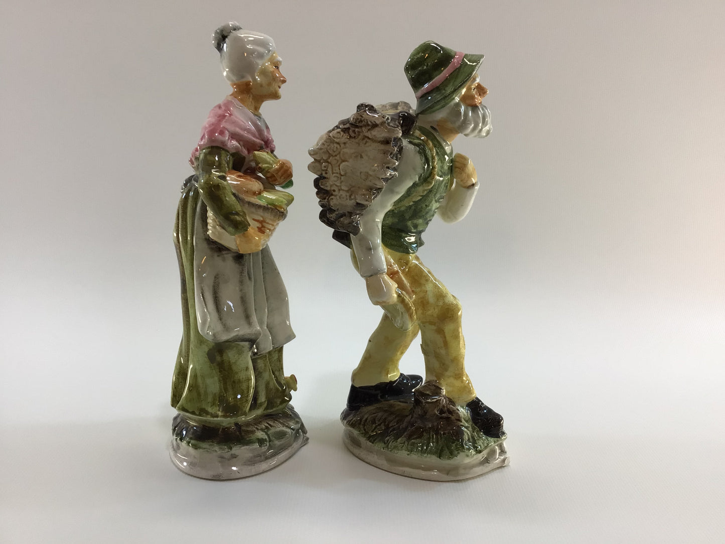 Elderly Man and Woman Gathering Figurines 7" Hand Painted Mid Century Ceramic Home Decor Made in Japan