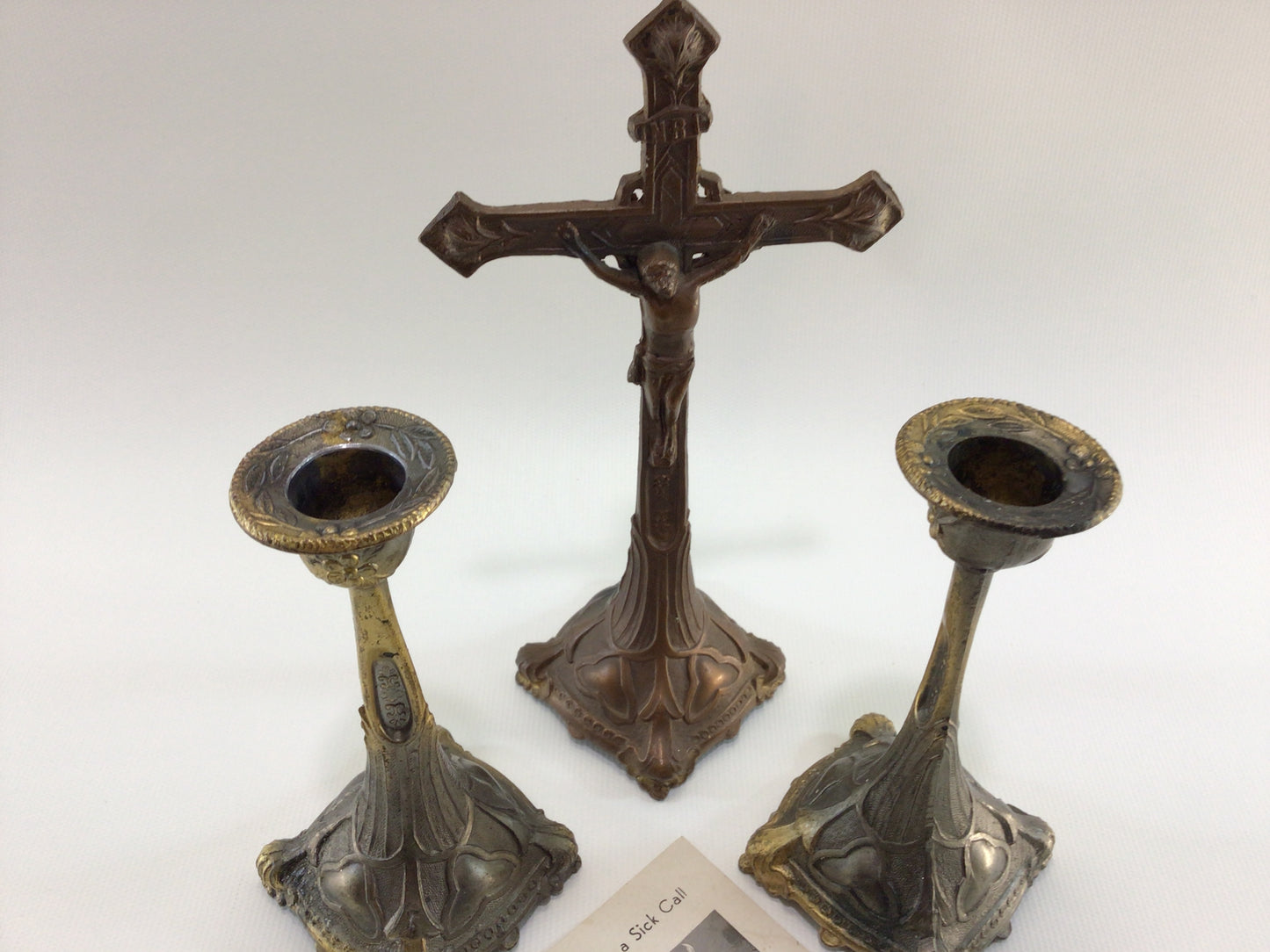 Catholic Last Rites Altar Vintage Spelter Crucifix and Tapered Candlestick Holders