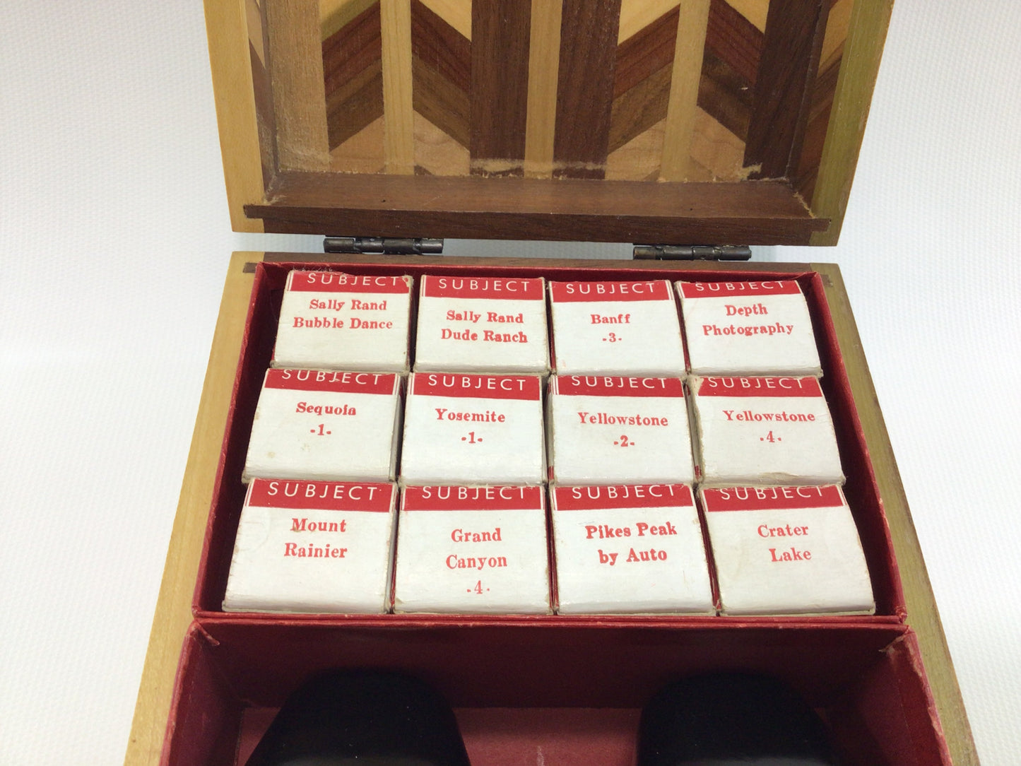 Stereoscope Viewer Sawyer's Tru-Vue with 12 Films in Segmented Wood Presentation Box