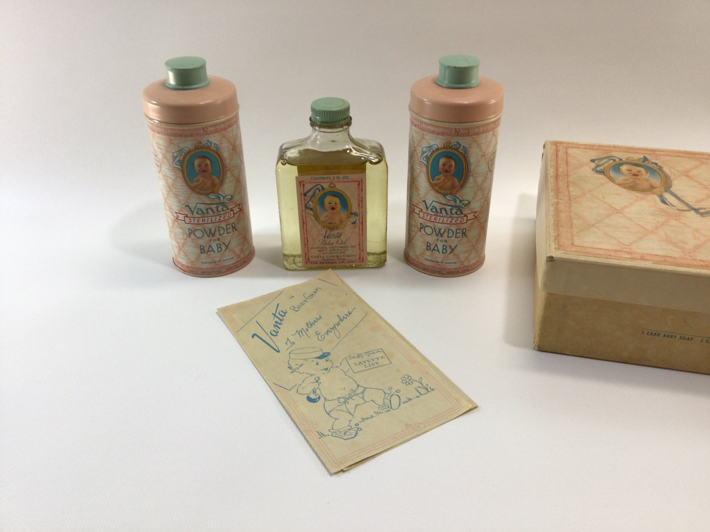Antique Boxed Gift Set Vanta Bath Kit for the Baby Talc Powder Tins Bath Oil and Advertisement Ephemera