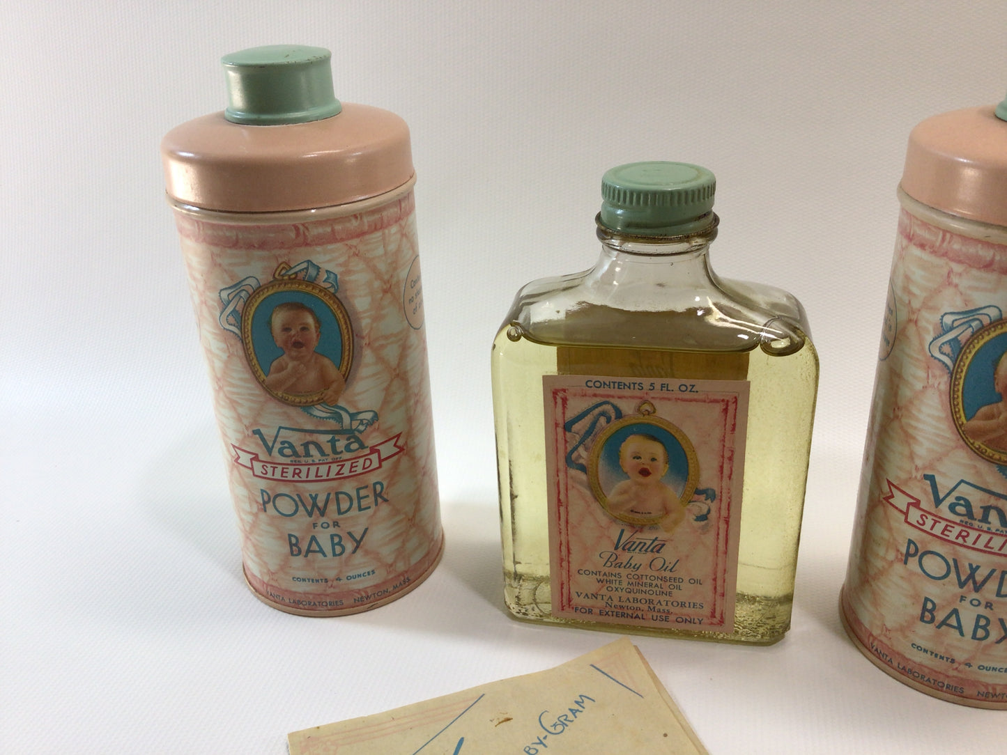 Antique Boxed Gift Set Vanta Bath Kit for the Baby Talc Powder Tins Bath Oil and Advertisement Ephemera