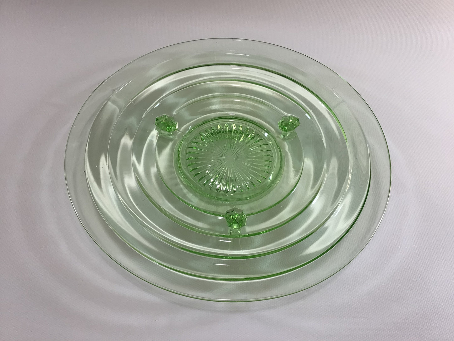 Vaseline Glass 11" Footed Serving Plate Mid Century Home Dining Decor