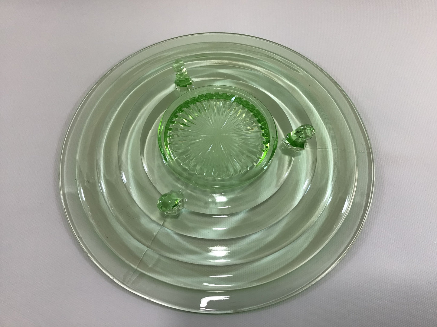 Vaseline Glass 11" Footed Serving Plate Mid Century Home Dining Decor