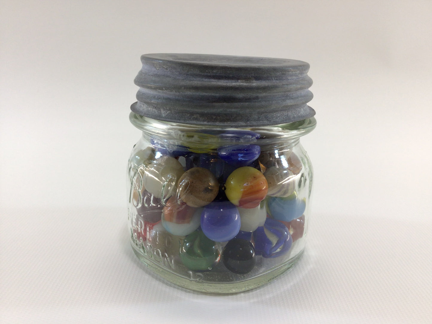 Ball 1/2 Pint Canning Jar Zinc Lid with Assorted Old Toy Glass Marbles Collectible Quality Home Decor