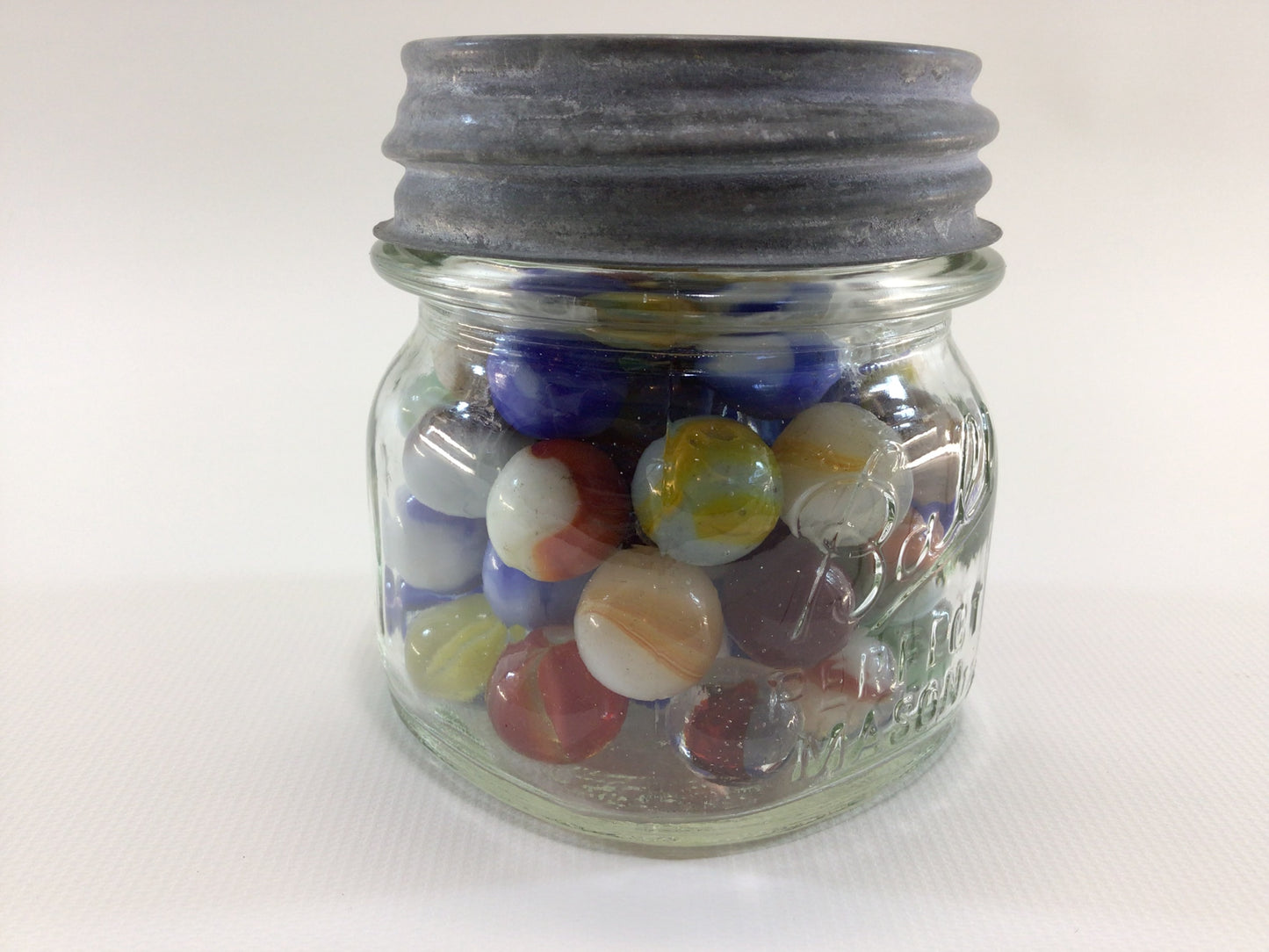 Ball 1/2 Pint Canning Jar Zinc Lid with Assorted Old Toy Glass Marbles Collectible Quality Home Decor