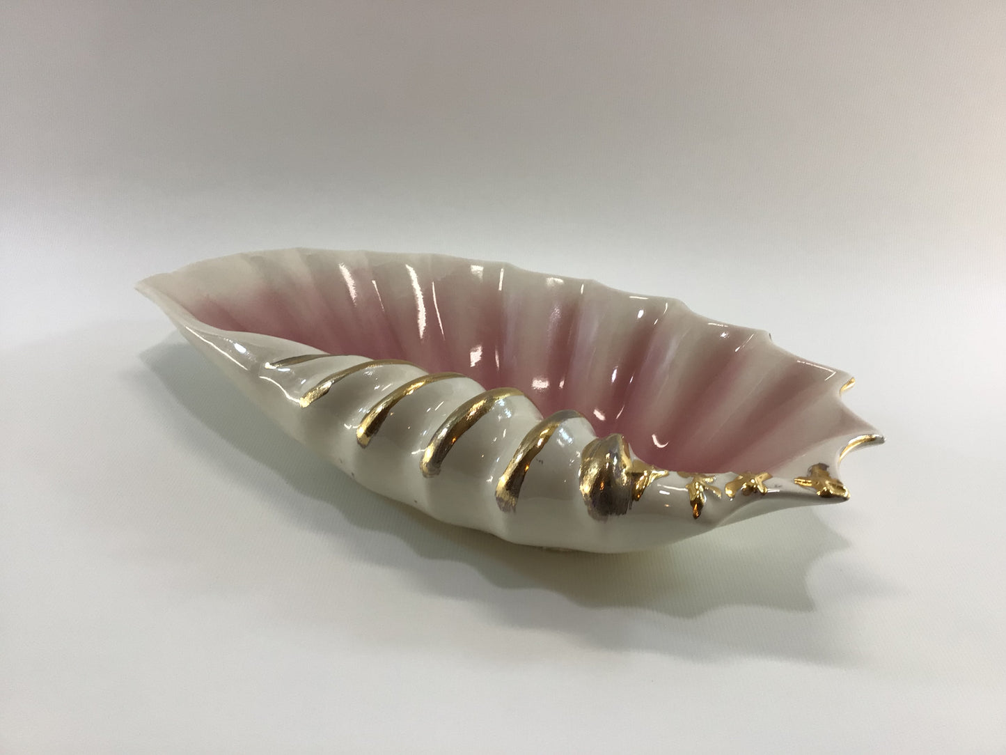 Mid Century 14" Seashell Dish Ceramic White Pink with Gold Paint Highlights