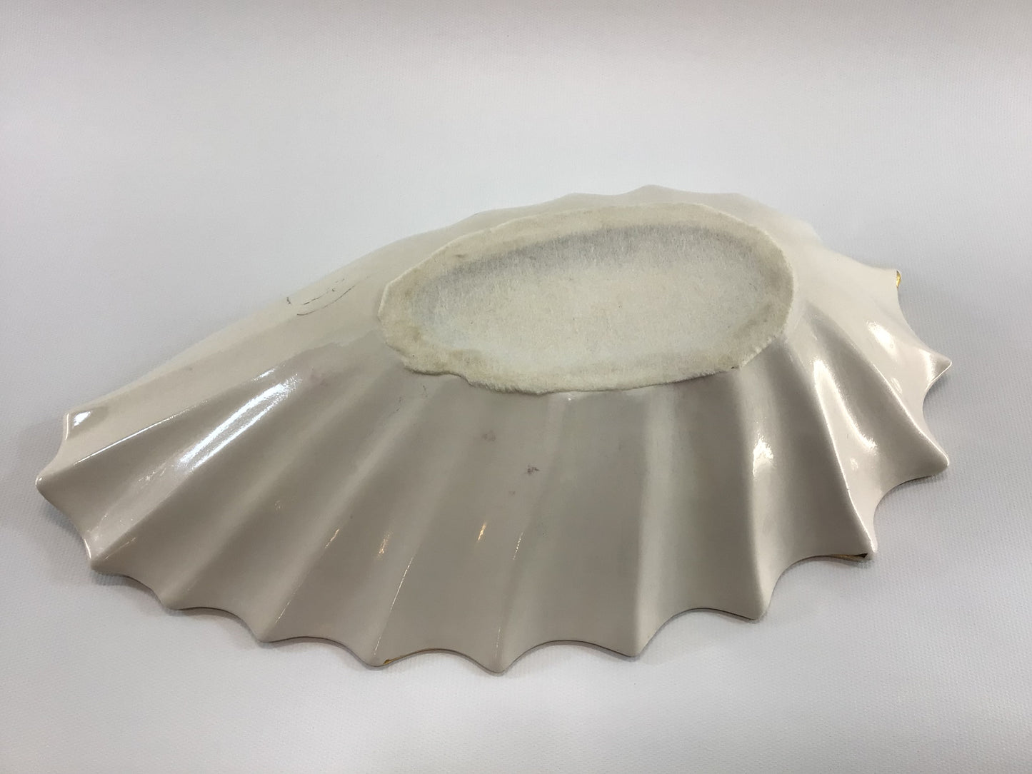 Mid Century 14" Seashell Dish Ceramic White Pink with Gold Paint Highlights