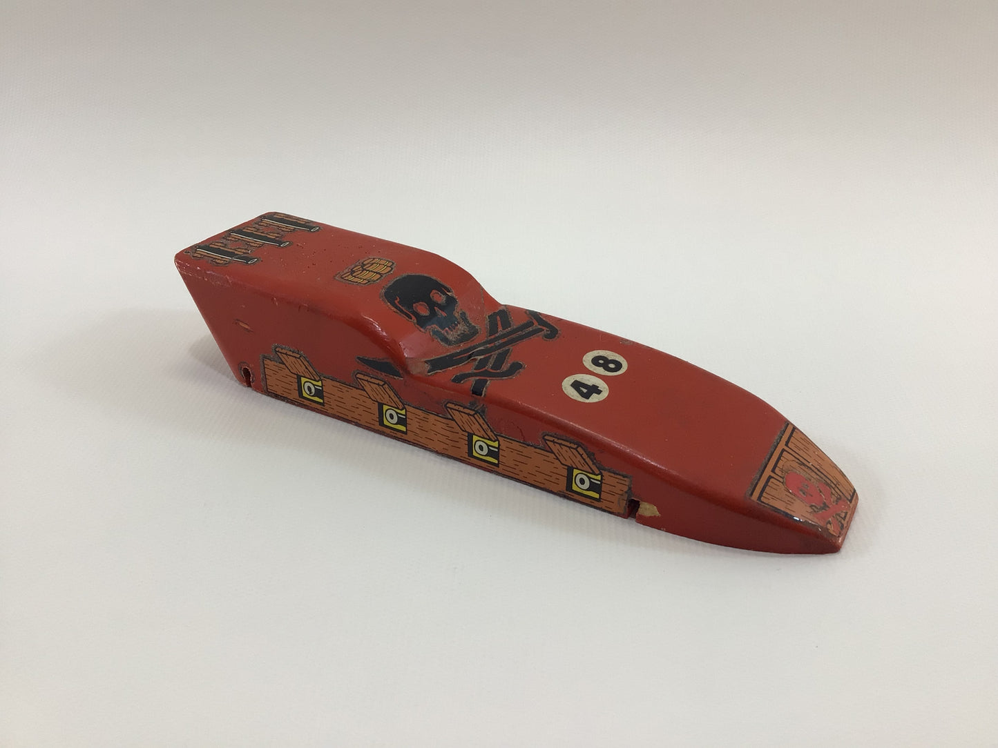 Pinewood Derby Race Car Vintage Boat Tail Era Style Orange Pirate Ship No 48 Missing Axles and Wheels