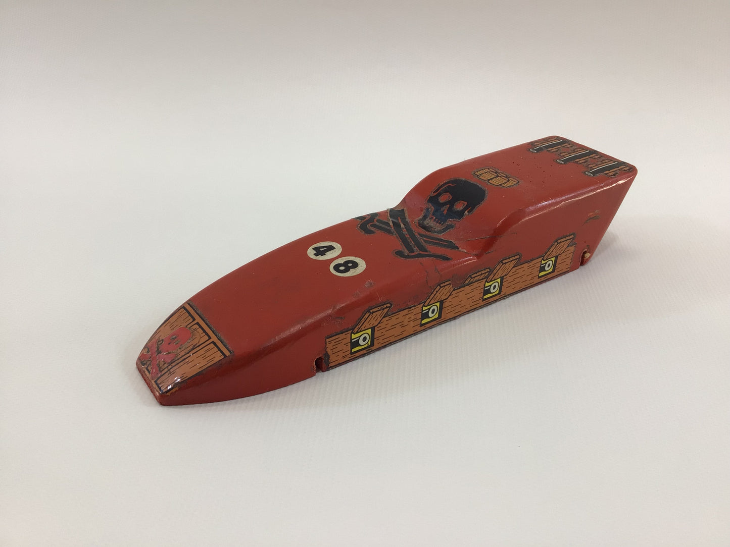 Pinewood Derby Race Car Vintage Boat Tail Era Style Orange Pirate Ship No 48 Missing Axles and Wheels