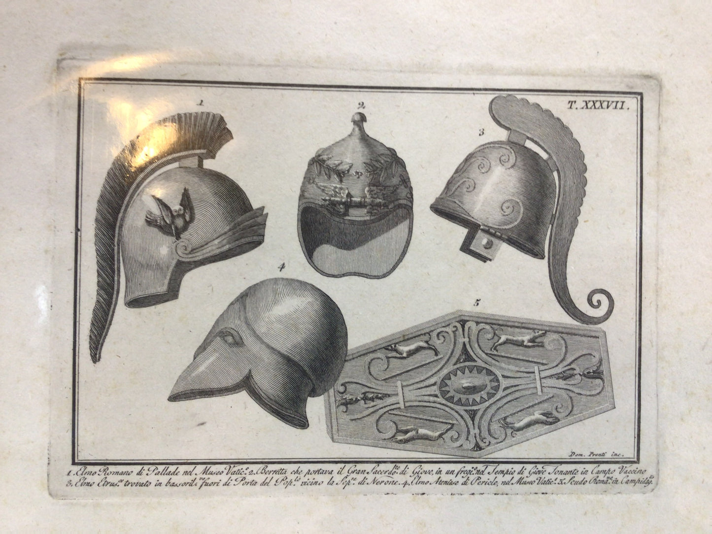 Antique Etching Roman Soldier Helmet Shield Copper Wall Shelf Art Library Study Dark Academia Book Print Home Decor circa 1800