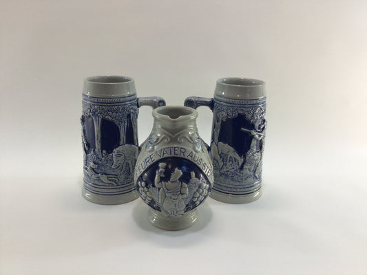 Wine Pitcher and Steins Wick Werke Made in Germany Salt Glaze Stoneware Olde Tavern and Hunting Relief Design