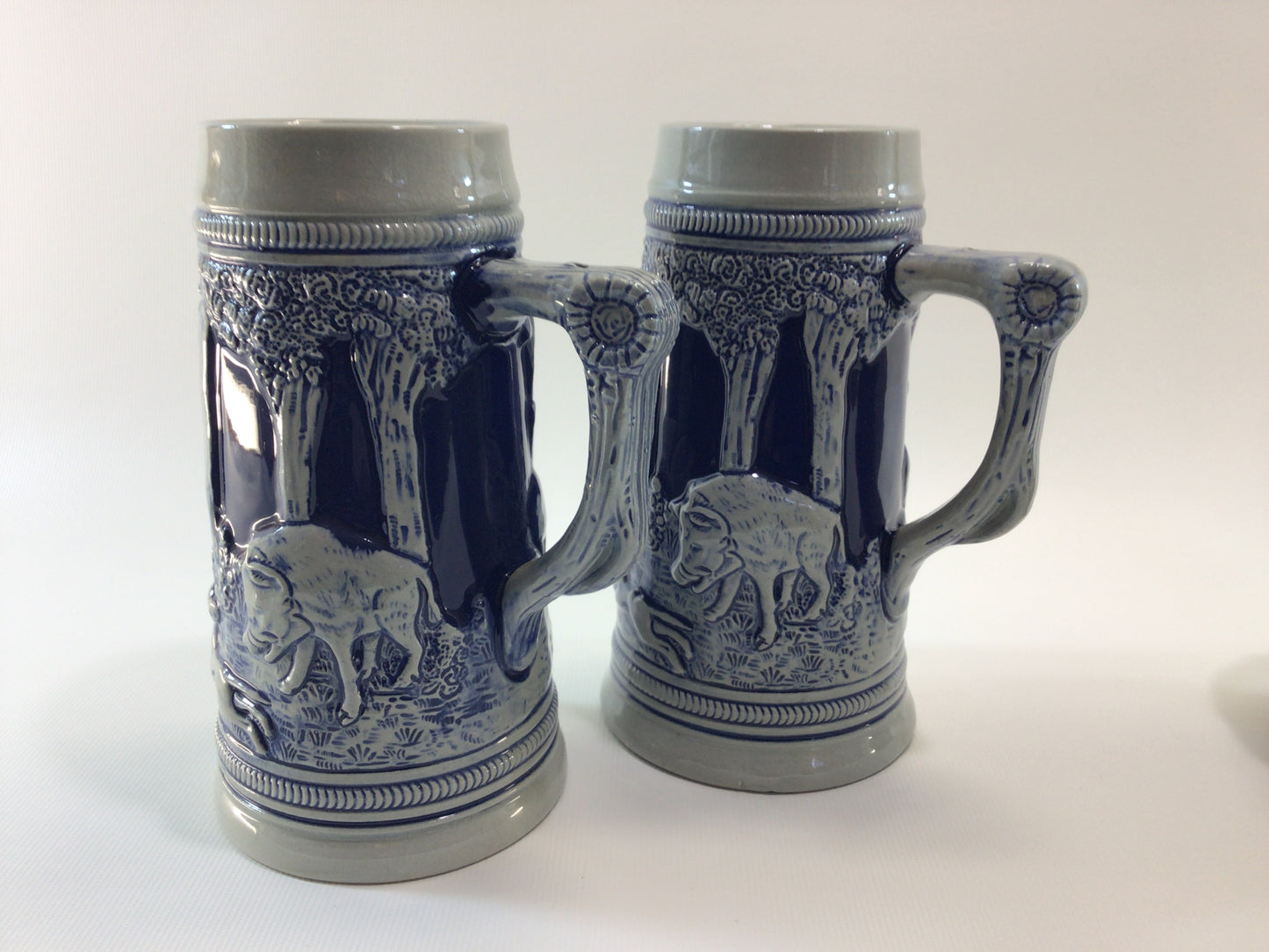 Wine Pitcher and Steins Wick Werke Made in Germany Salt Glaze Stoneware Olde Tavern and Hunting Relief Design