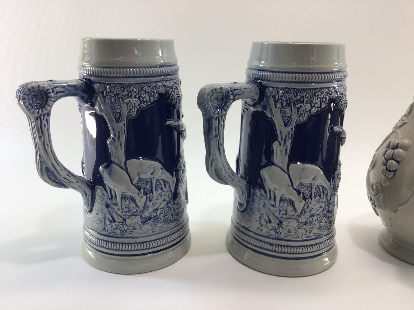 Wine Pitcher and Steins Wick Werke Made in Germany Salt Glaze Stoneware Olde Tavern and Hunting Relief Design