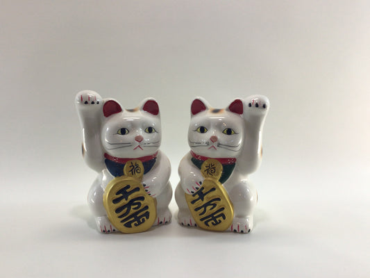 Maneki Neko Ceramic 7" Lucky Cat Coin Banks Left and Right Paw Set Vintage Made in Taiwan Kitsch Home Decor