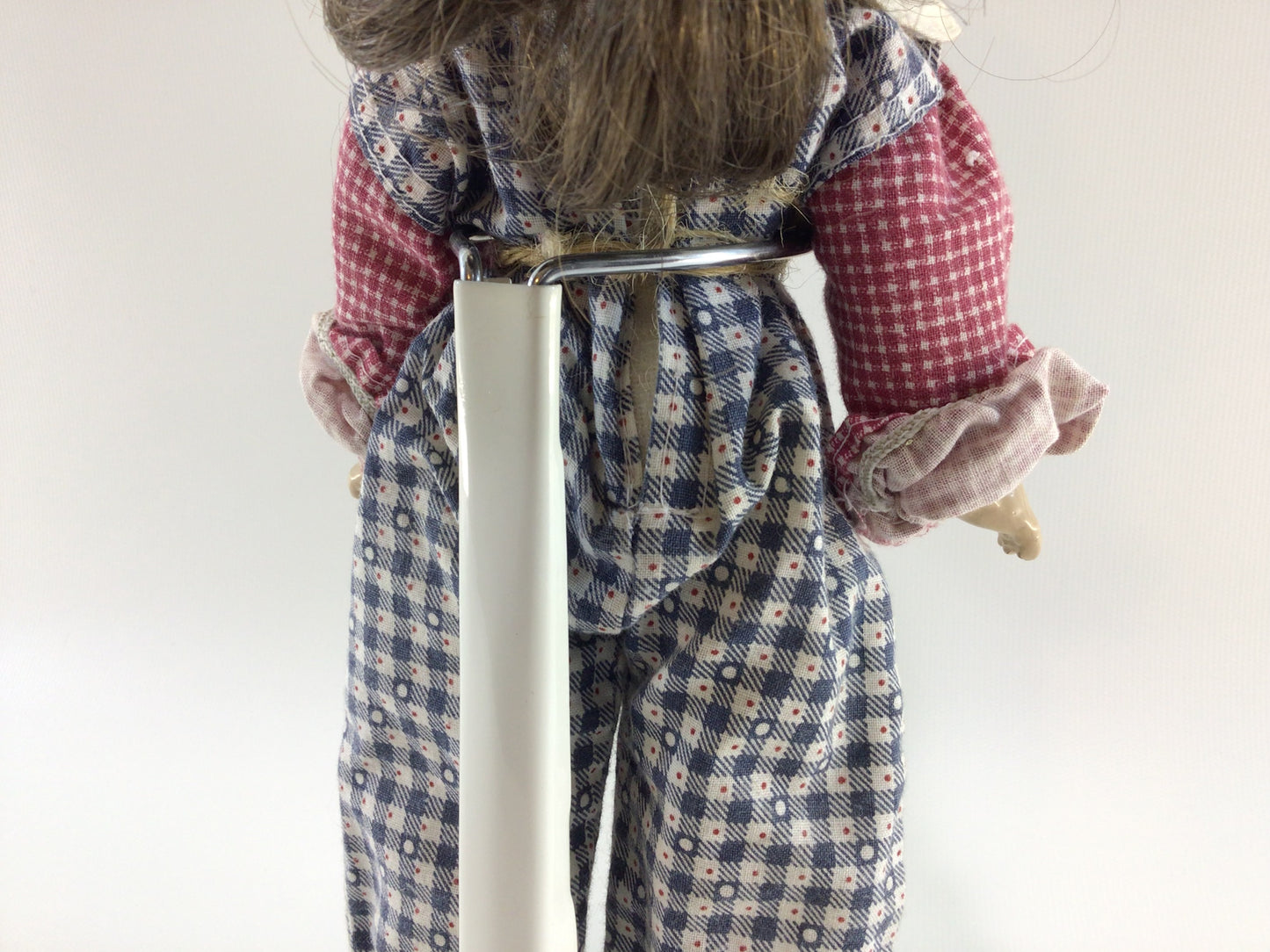 Sleepy Eye Composition Doll Vintage Toy in Handmade Blue and Red Checkered Romper Suit Outfit