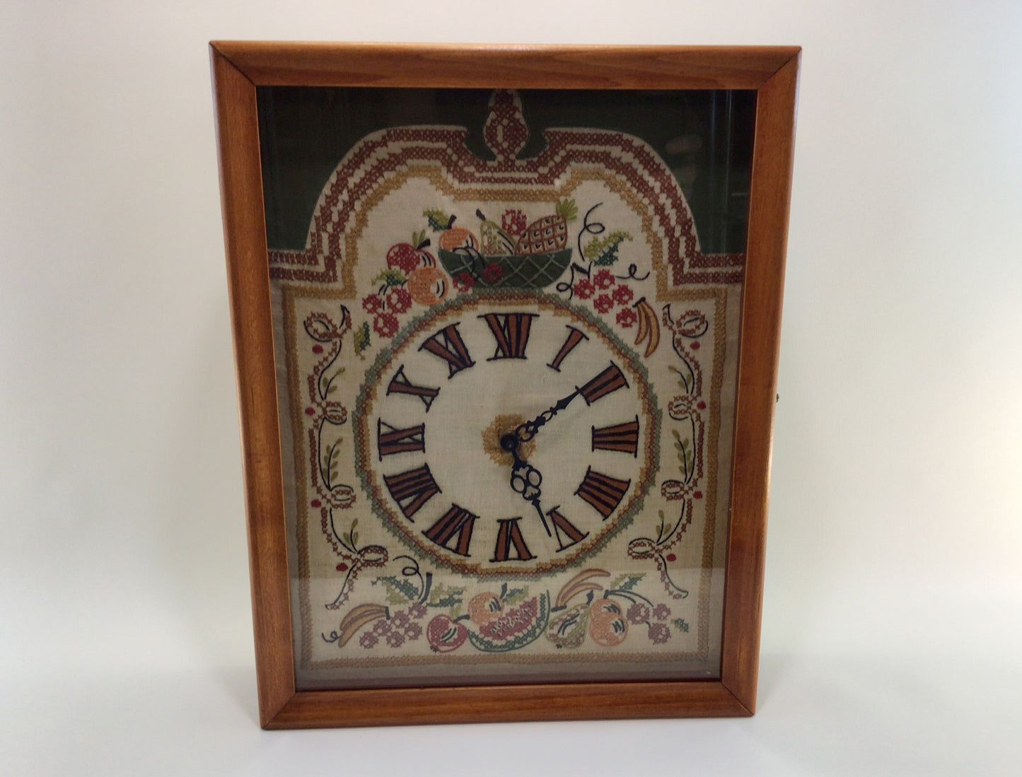 Folk Art Shadow Box Embroidered Wall Clock Vintage Embroidery and Cross Stitch Kit Face with Telechron Made in USA Movement in Wooden Glass Front Case