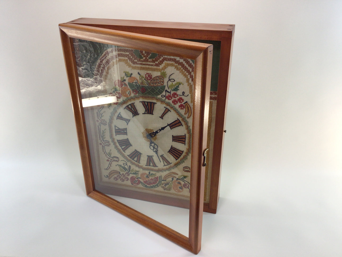 Folk Art Shadow Box Embroidered Wall Clock Vintage Embroidery and Cross Stitch Kit Face with Telechron Made in USA Movement in Wooden Glass Front Case