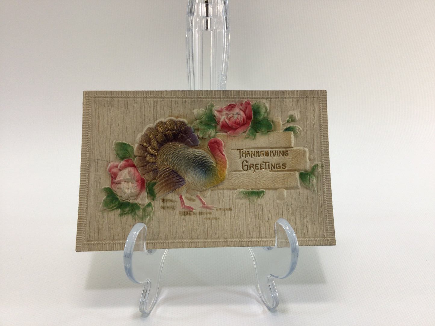 Antique Thanksgiving Novelty Postcard Embossed Airbrush Turkey and Pink Roses