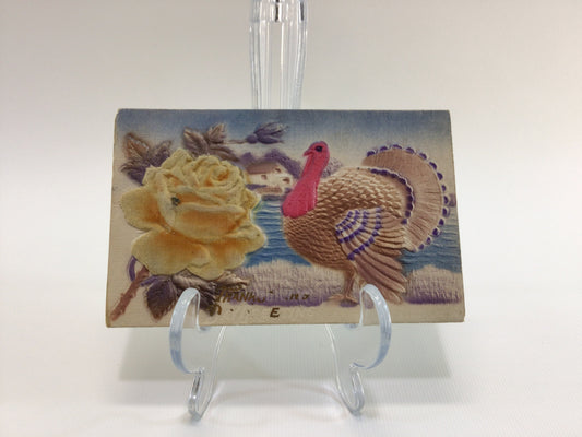 Antique Thanksgiving Novelty Postcard Embossed Airbrush Turkey and Flocked Yellow Rose