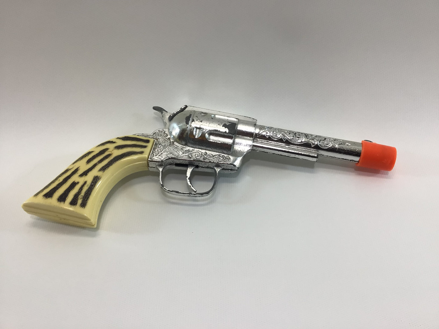 1960's Pony Boy Six Shooter Toy Cap Gun Cast Metal Hard Plastic White Bone Handle Grips Vintage Toy