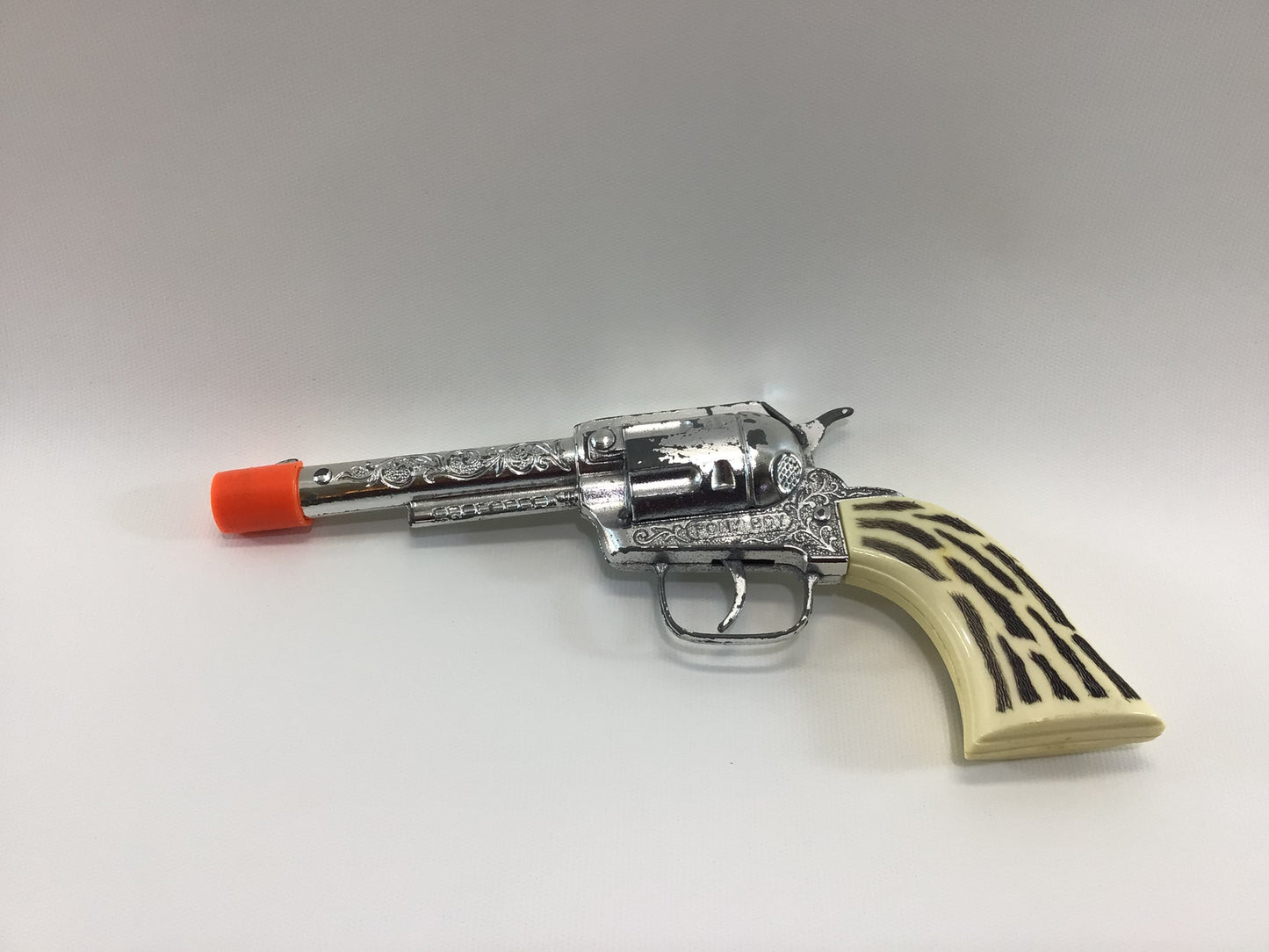 1960's Pony Boy Six Shooter Toy Cap Gun Cast Metal Hard Plastic White Bone Handle Grips Vintage Toy