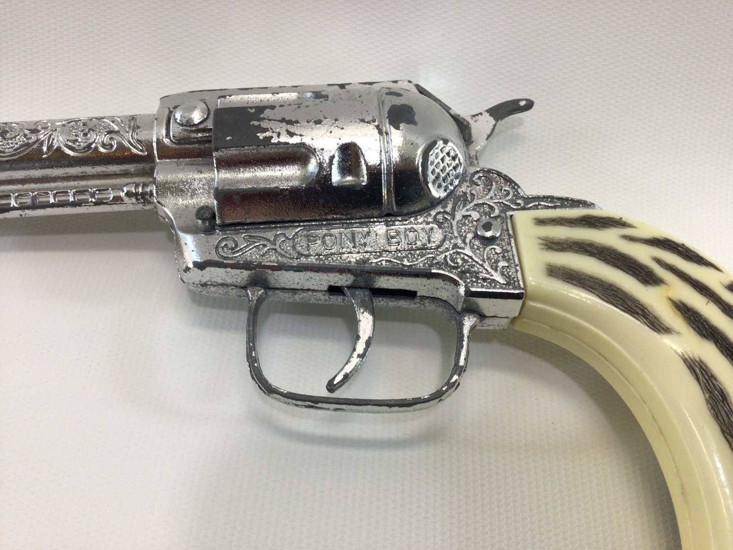 1960's Pony Boy Six Shooter Toy Cap Gun Cast Metal Hard Plastic White Bone Handle Grips Vintage Toy