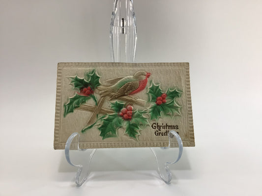 Novelty Christmas Postcard Antique Ephemera Airbrush Embossed Bird Perched on Trellis