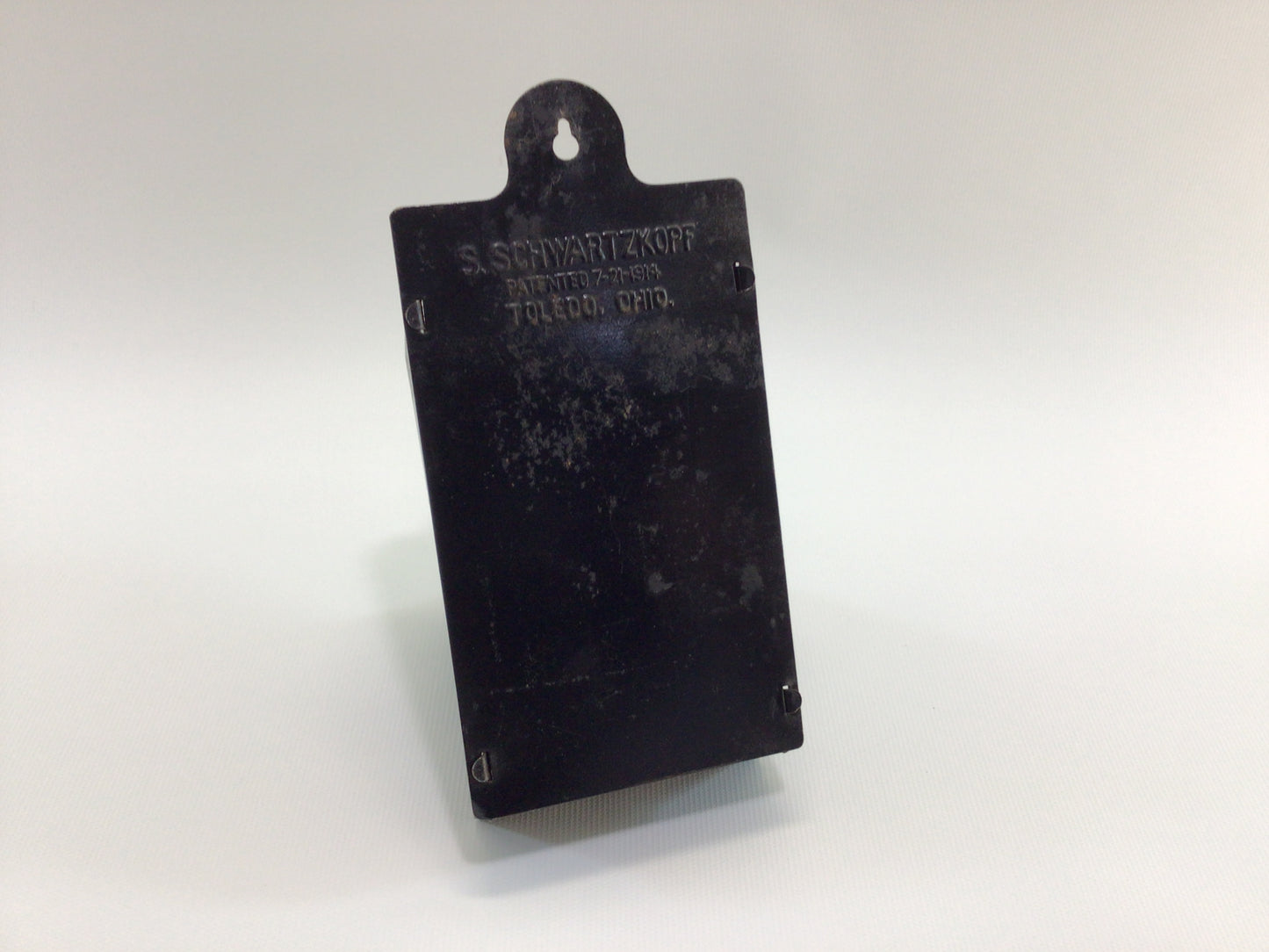 Antique Tin Black Match Holder Wall Hanger Rustic Primitive Country Farmhouse Kitchen Decor Schwartzkopf Toledo Patent 1914