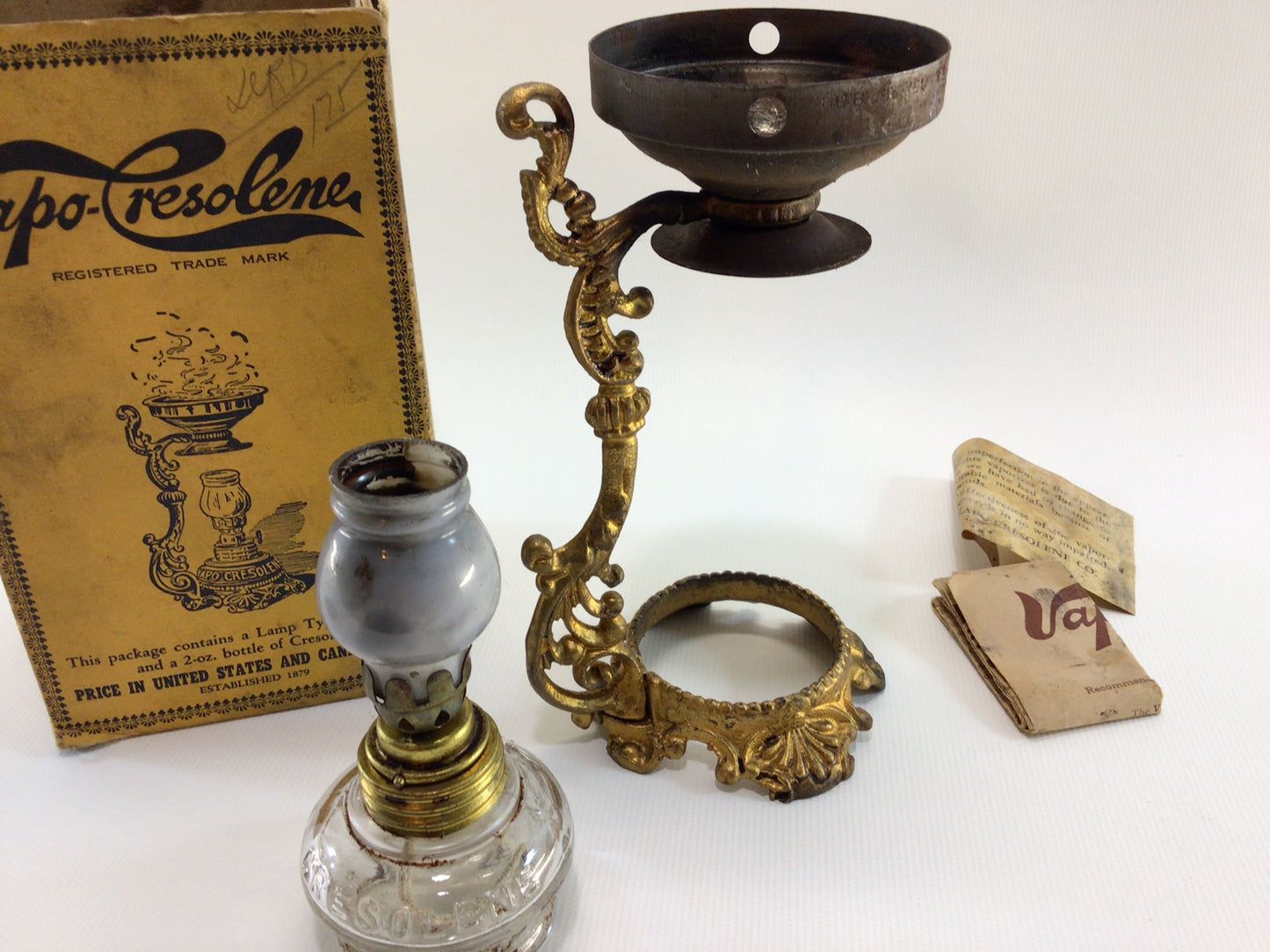 Vapo Cresolene Antique Vaporizer Stand and Box Victorian Medicinal Home Remedies Ephemera