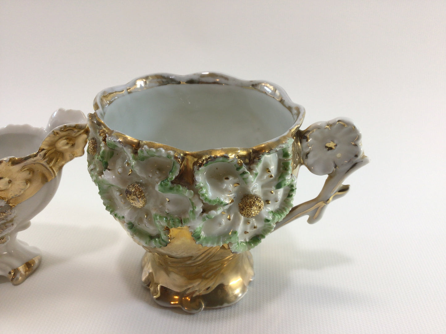 Porcelain Ceramic Vase and Teacup Applied Transferware Gold Gilt with Hand Painted Accents Collectible Victorian Home Decor