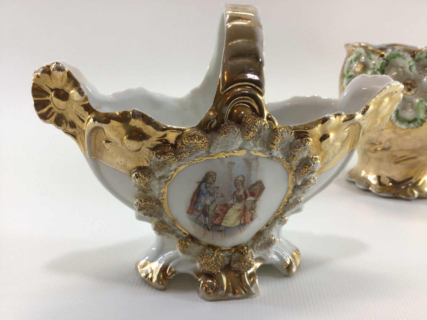 Porcelain Ceramic Vase and Teacup Applied Transferware Gold Gilt with Hand Painted Accents Collectible Victorian Home Decor