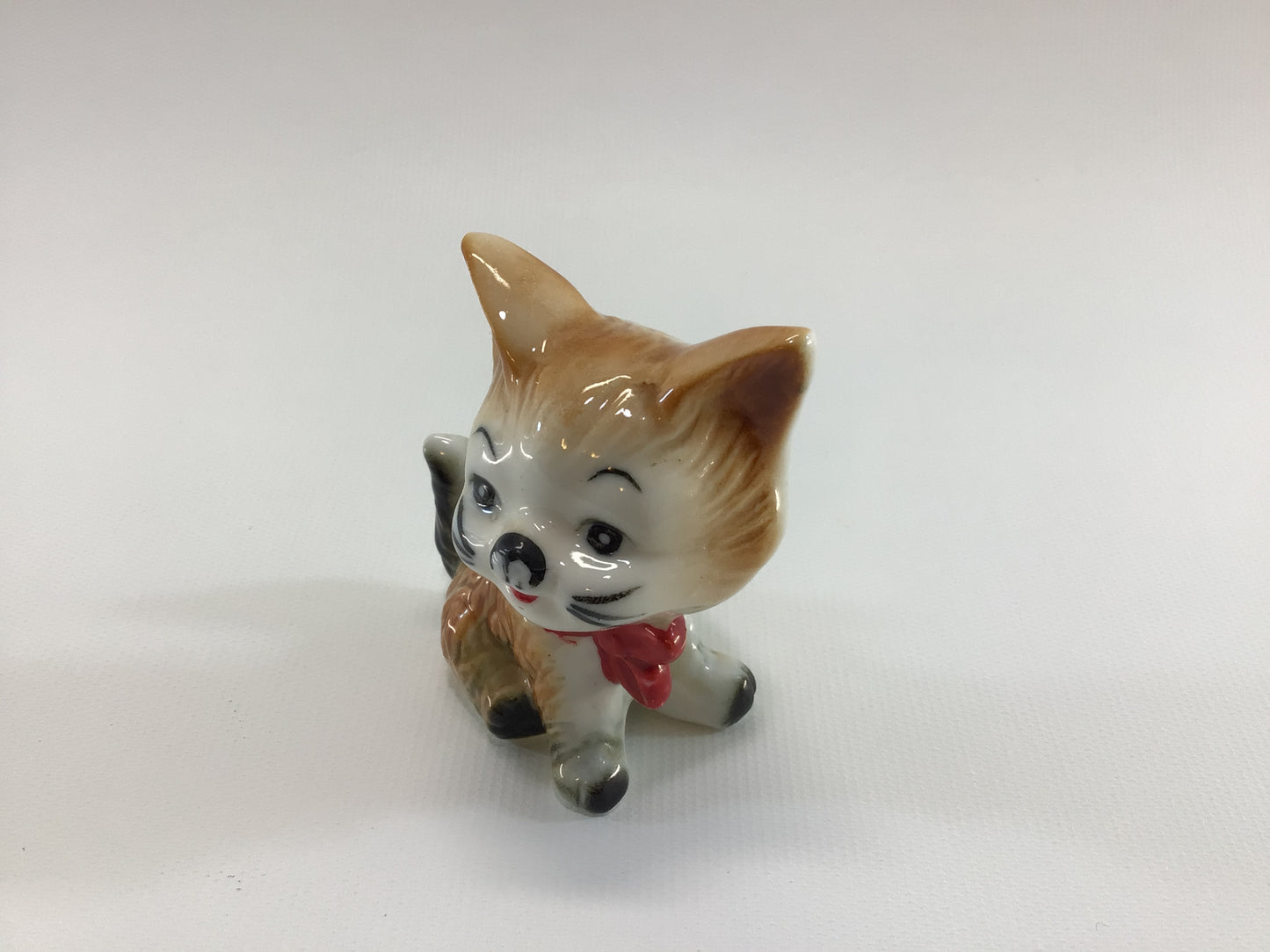 Kitten with Red Bow Miniature Figurine Vintage Ceramic Bone China Kitschy Home Decor