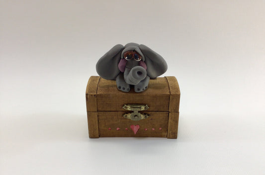 Lucky Elephant Treasure Chest Vintage Handmade Folk Art Clay and Hardwood Trinket Box