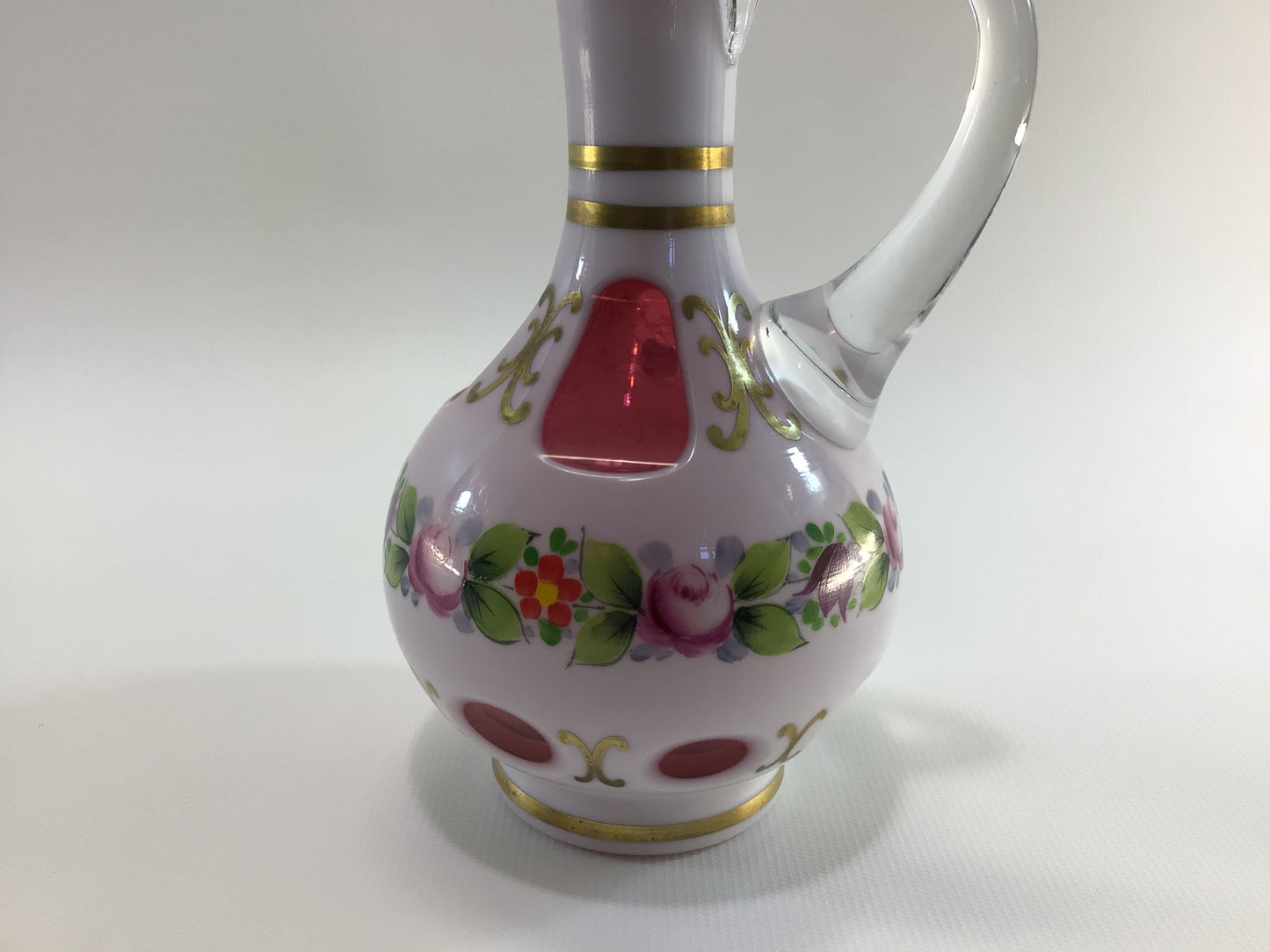 Bohemia Glass Vinegar Cruet Hand Painted Cut Glass Antique Glassware Made in Czechoslovakia